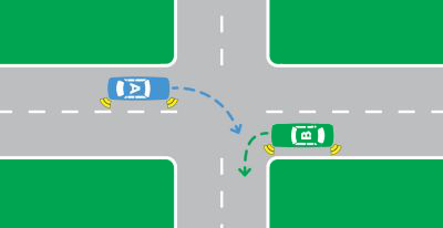 Two cars are travelling in opposite directions.