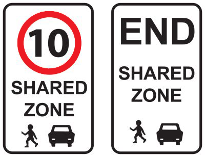Road signs showing shared zone