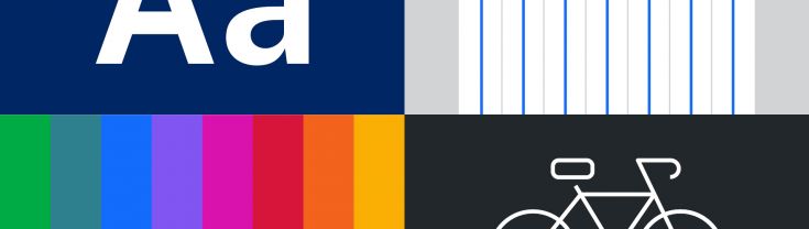 Four equally divided rectangles show a font sample, grid, colour palette and bicycle icon.