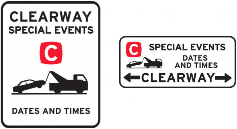 Special event clearway road sign
