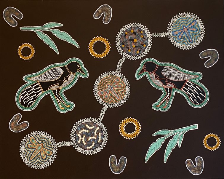 colourful indigenous dot painting with magpies
