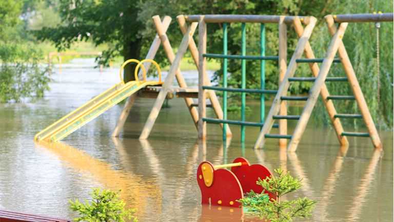 A playground that has been flooded. With a metal slide, wooden climbing frame and red elephant rocker