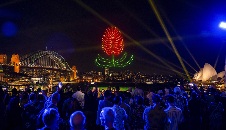 Sydney harbour vivid back of peoples head light show
