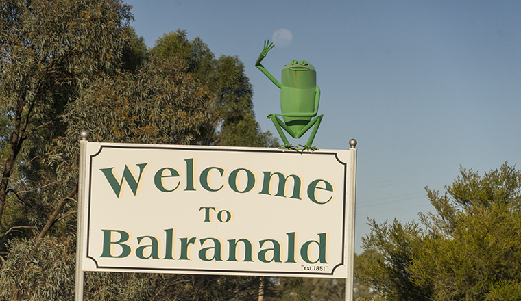 Frog sculpture sits atop the Welcome to Balranald sign as part of the Funky Frog Trail in Balranald.