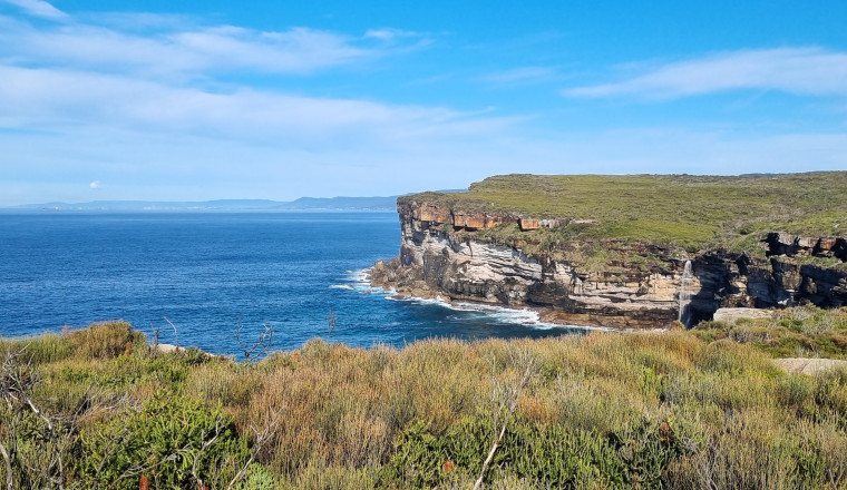 The rugged coastal cliff, Curracurrong (Eagle Rock, covered in green vegetation overlooking a deep blue ocean under a bright, clear sky.