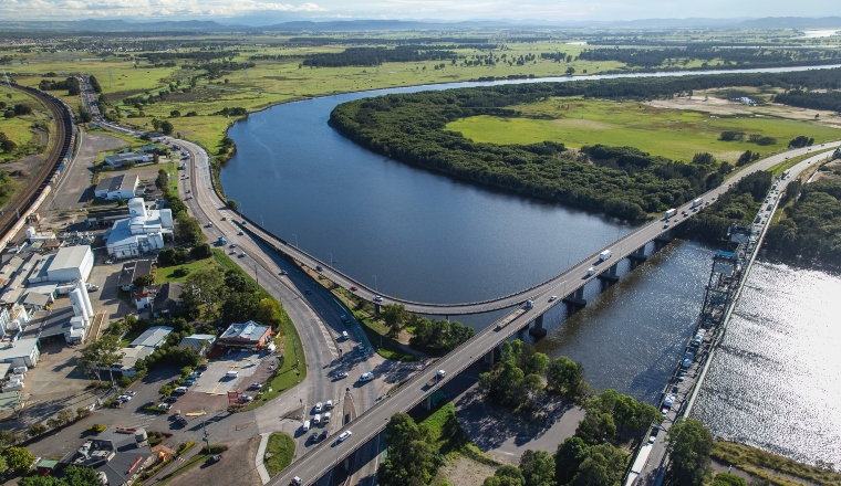 Hunter River crossing at Hexham, near Newcastle, showing the 2 bridges spanning the river with the hinterland in the background.