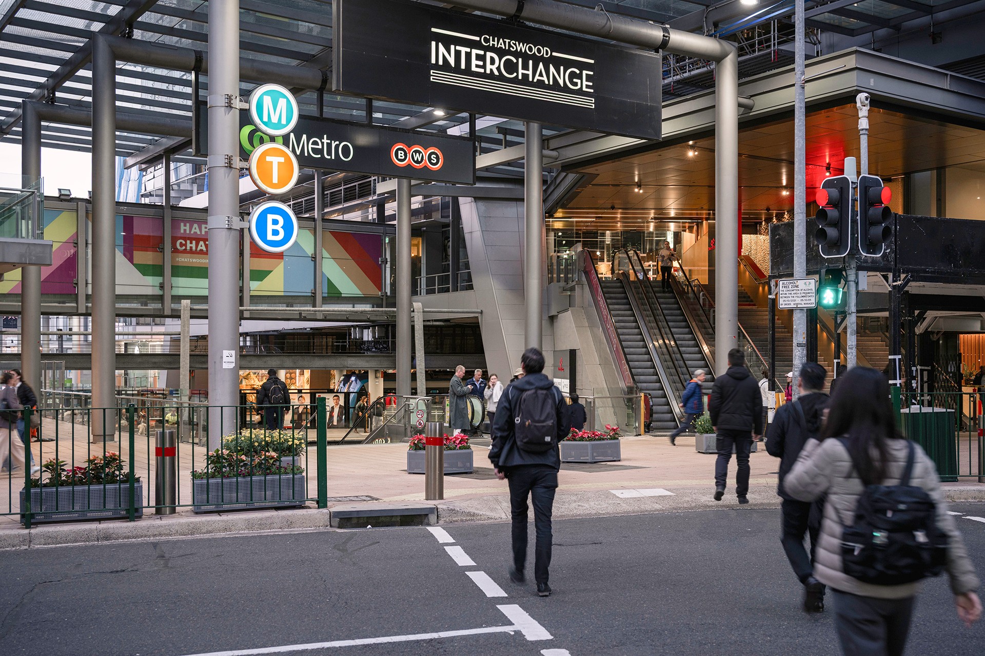 Traffic lights and crossing at Chatswood metro intersection