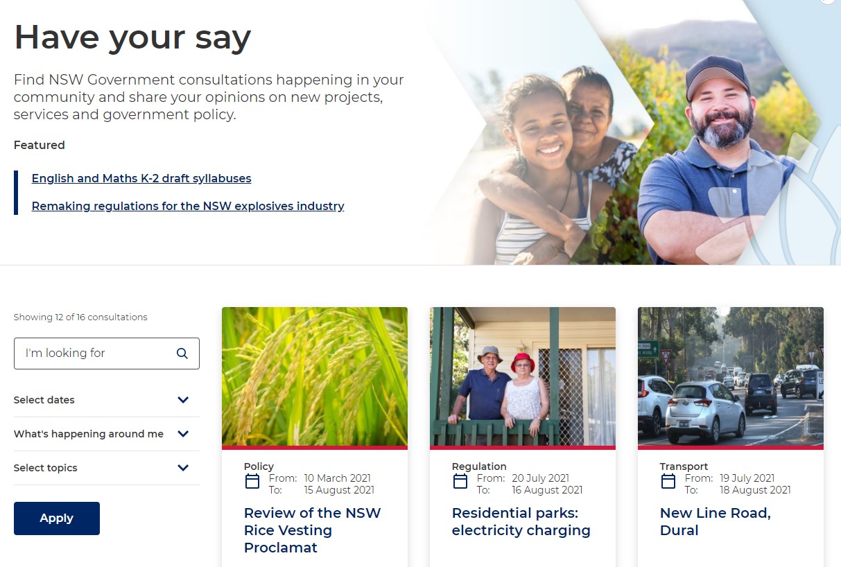 Screenshot of the Have Your Say page on the nsw.gov.au website.