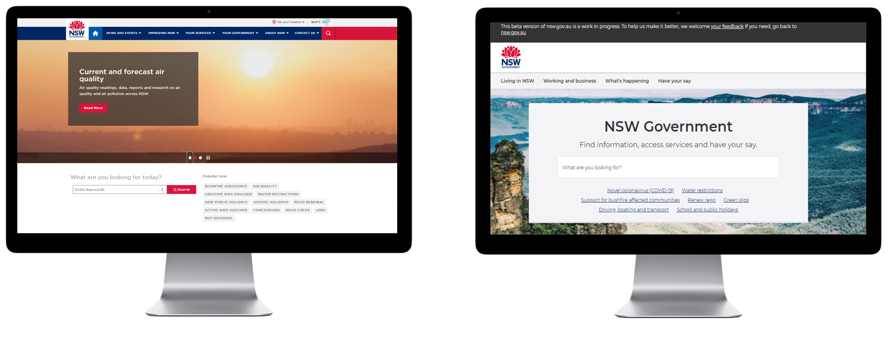 Two monitors side by side displaying the old and new nsw.gov.au website.