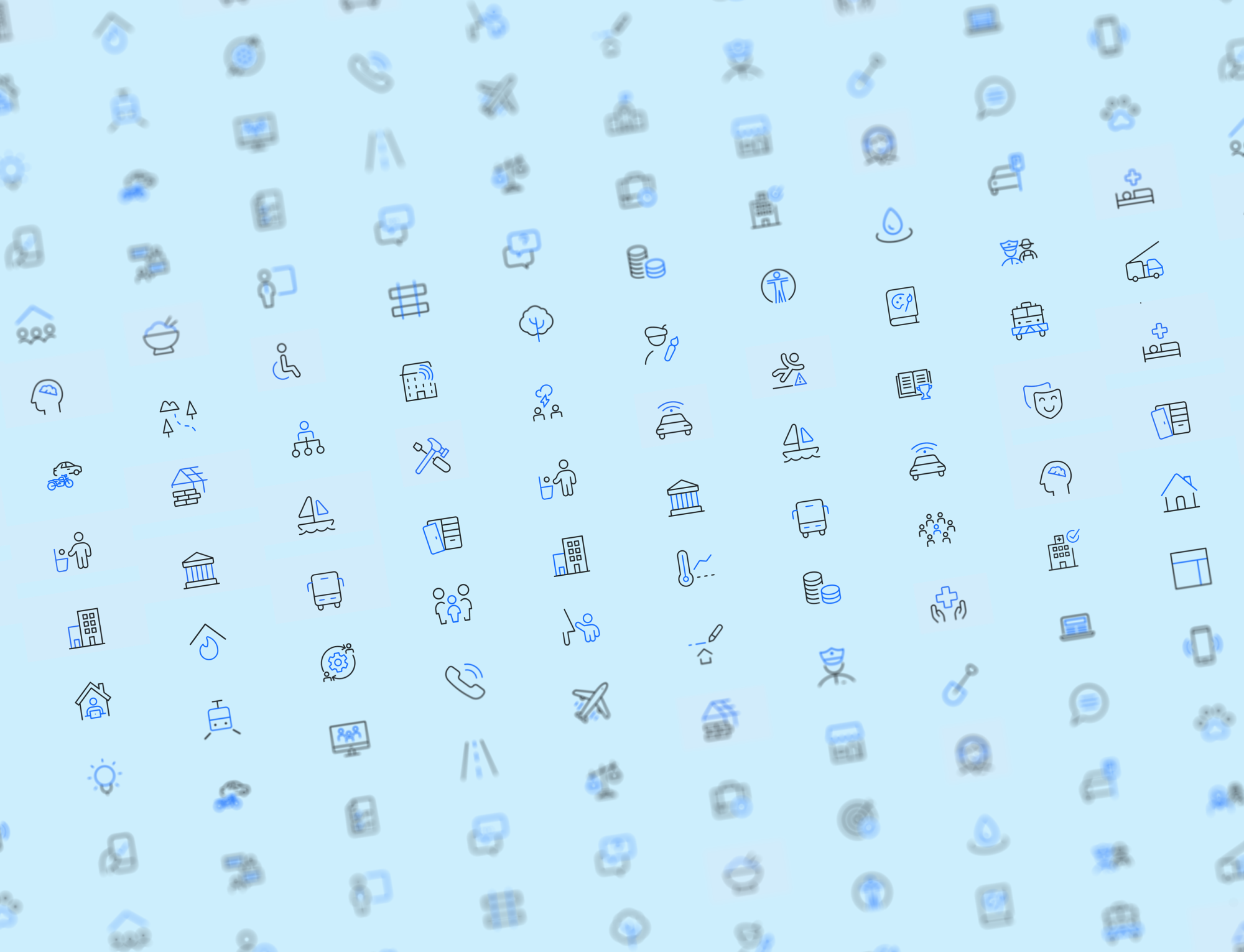Series of icons representing businesses on light blue background with central ones in focus, fading to edges.