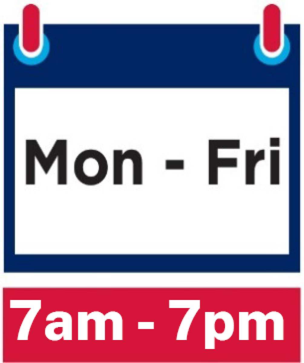 An icon featuring the outline of a calendar with Monday to Friday displayed in the middle and 7am to 7pm written underneath
