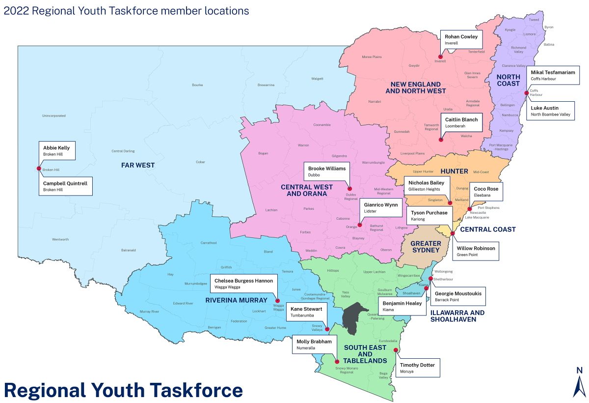 Map of NSW regions showing locations of where 2022 Regional Youth Taskforce members are from. Described under the heading 2022 membership.