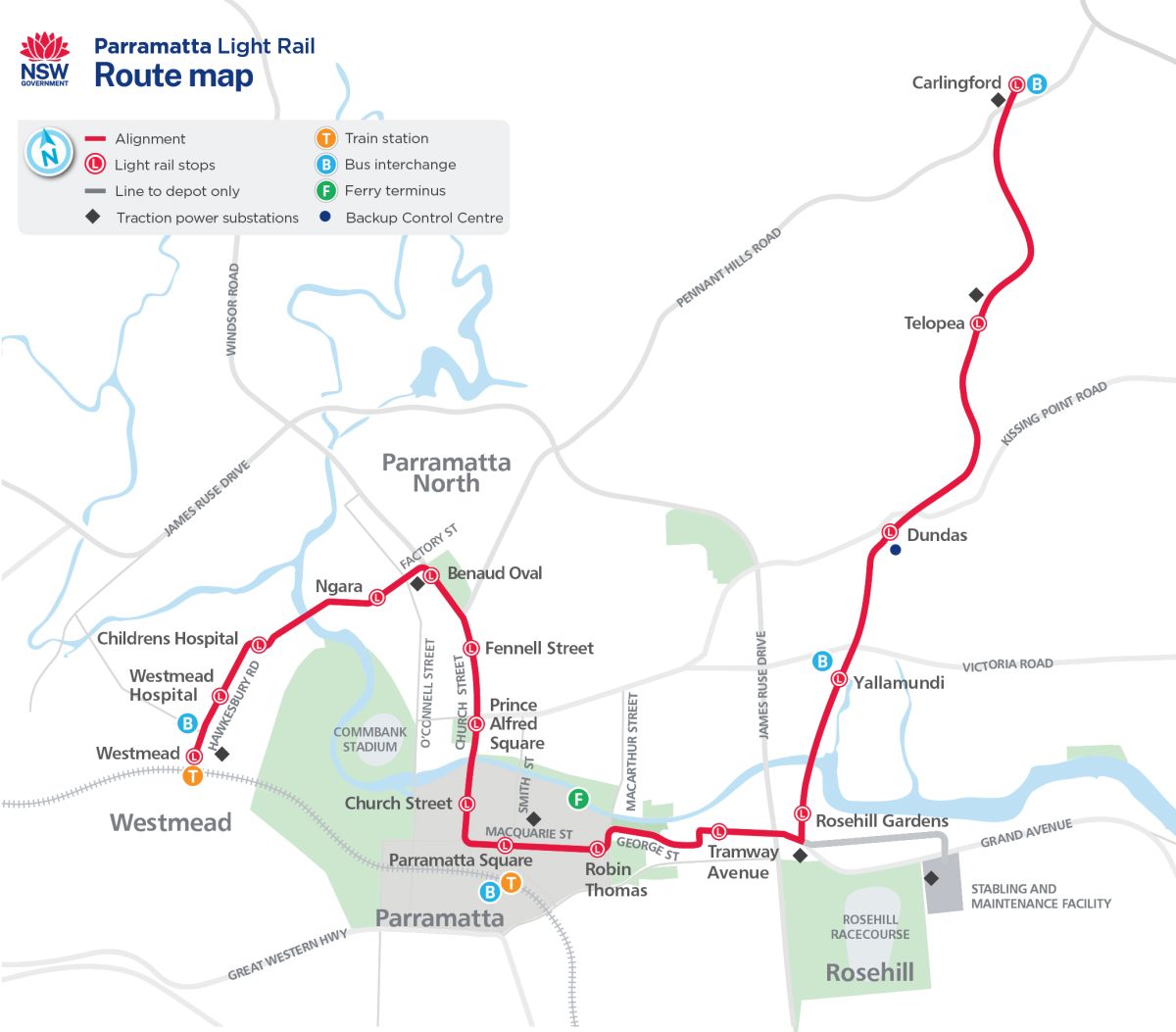 A static map that displays Stage 1 of the Parramatta Light Rail route.