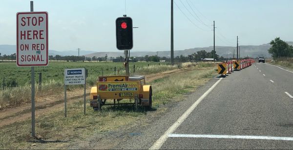 Portable temporary traffic lights used at some roadworks to assist with traffic flow