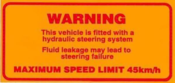 Hydraulic steerring system warning label