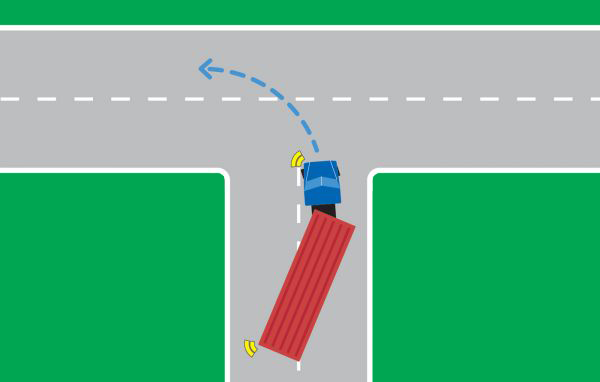 A long vehicle can use more than one lane to turn left