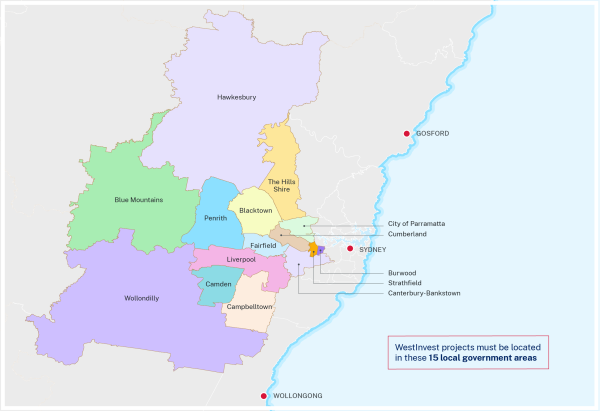 a map of Sydney that highlights the local government areas eligible for WestInvest community project fund.