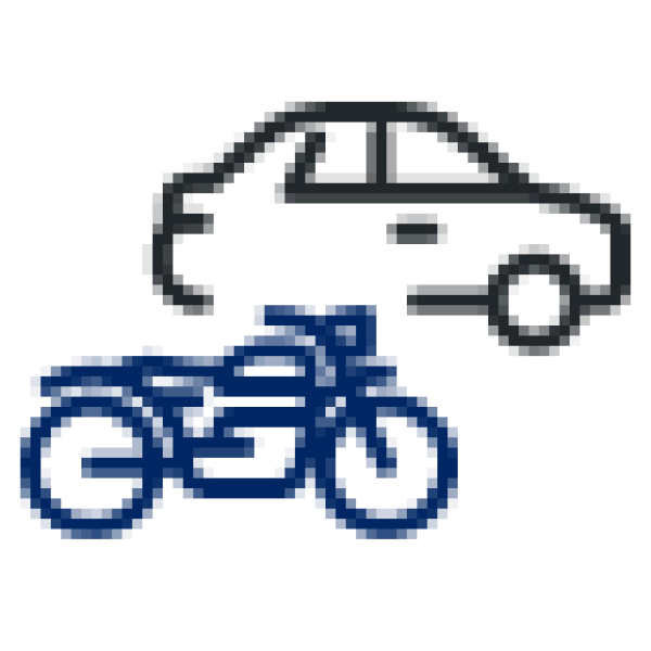 Line icon of a car in black with a motor bike in front in dark navy. 
