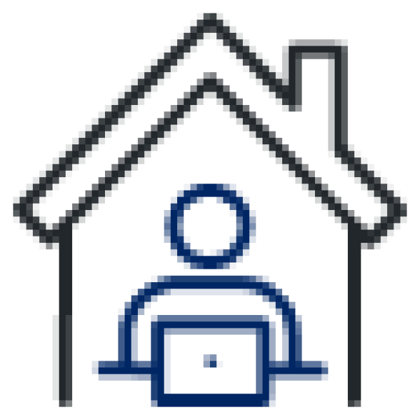 Line icon of a house with a person inside on a laptop