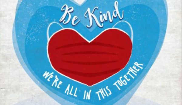 A Bellingen Shire Council poster showing an artwork of a heart and the words 'be kind, we're all in this together'.