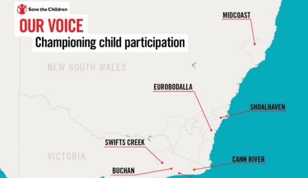 A Save the Children Australia poster showing a map of NSW and titled Our Voice -  Championing child participation.