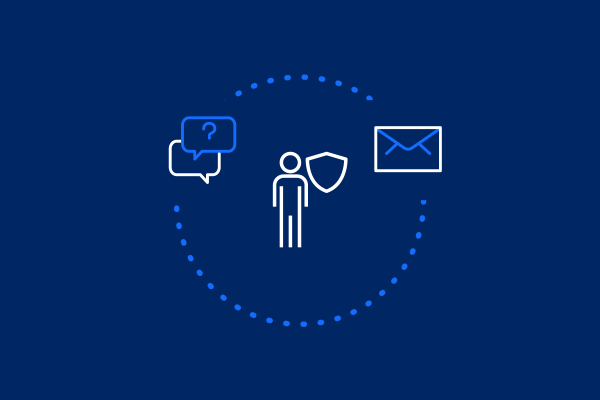 A white dotted circle around human figure with speech bubble and email symbol on dark blue.