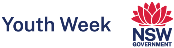 The text Youth Week is shown in bold navy blue text, with the NSW Government logo next to it.
