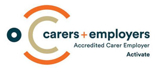 A yellow and blue coloured Carers and Employers Accredited Carer Employer logo