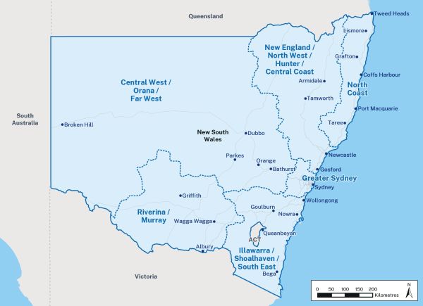 A map showing the breakdown on the regions where NSW Reconstruction Authority operates