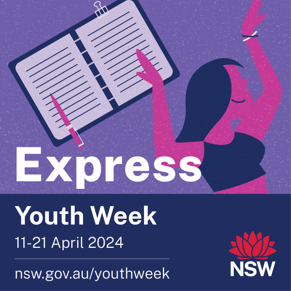 The Youth Week 2024 Express logo with the text "Youth Week, 11-21 April 2024, nsw.gov.au/youthweek" and the official NSW waratah logo.