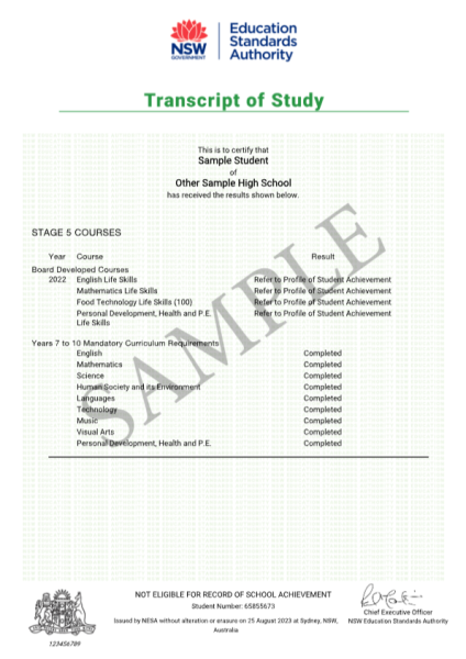 2022 Sample Transcript of Study, Stage 5 Courses