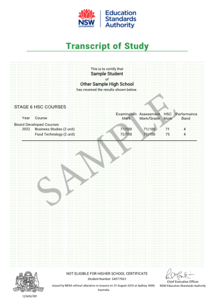 2022 Sample Transcript of Study, Stage 6 HSC Courses