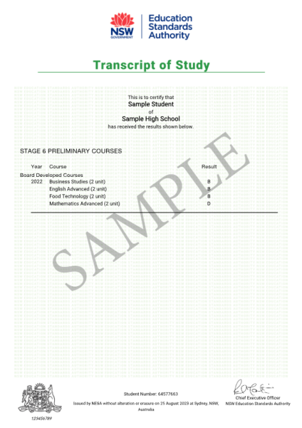 2022 Sample Transcript of Study, Stage 6 Preliminary Courses