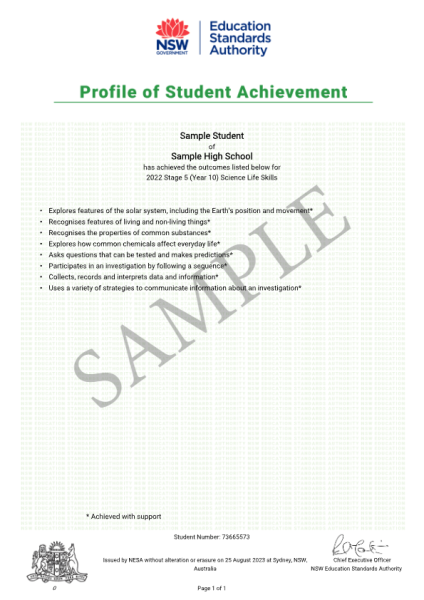 2022 Sample Profile of Student Achievement, Stage 5