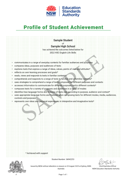 2022 Sample Profile of Student Achievement, Stage 6 HSC