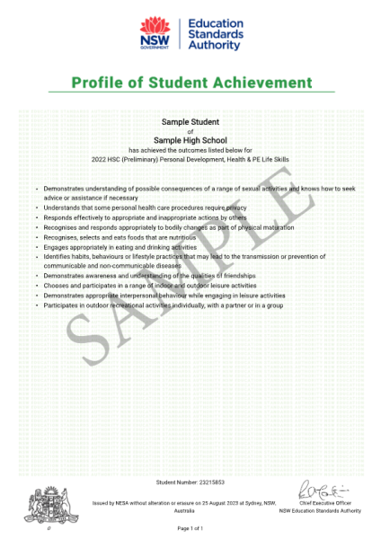 2022 Sample Profile of Student Achievement, Stage 6 Preliminary HSC