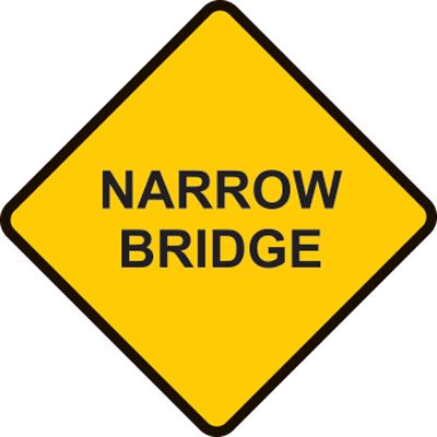 Be aware you are approaching a narrow bridge road sign