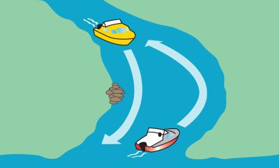 Illustration of boats passing on a bend in a channel or river