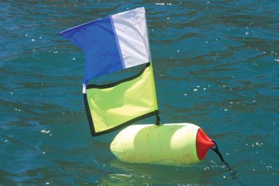 Blue and white Alpha flag attached to a buoy