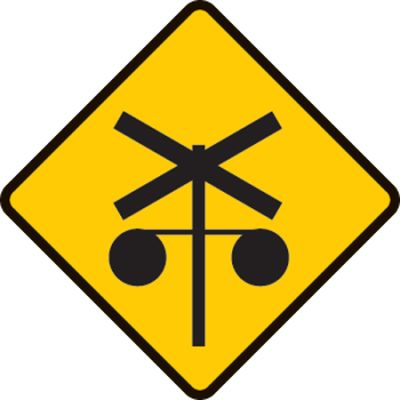 Railway crossing level ahead with flashing lights