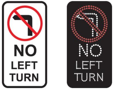 No left turn white and black road signs