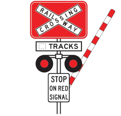 Railway crossings boomgate stop on red signal road sign