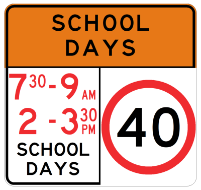 School zone sign depicting times and the speed limit for the area during those times