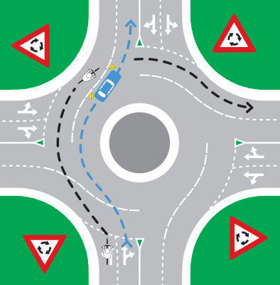 Bicycle at a roundabout turning right from left lane