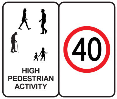 Road sign showing 40km/h high pedestrian activity area