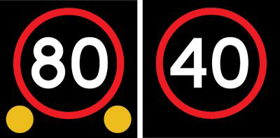 Electronic road signs showing speed limits 80 40