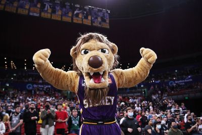 The Sydney Kings lion mascot is posing for the camera flexing his biceps in an indoor basketball arena.