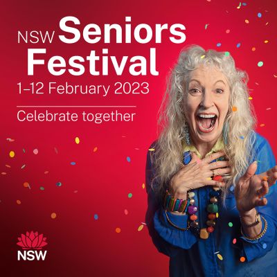 2023 Seniors Festival social media tile with happy lady and seniors festival dates