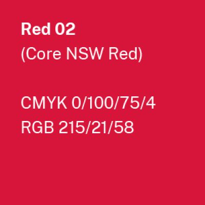 NSW Government brand Red 02 with colour codes CMYK: 0/100/75/4 and RGB: 215/21/58