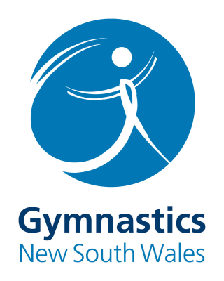 white stick figure in a solid blue circle leaping. Bottom text Gymnastics NSW 